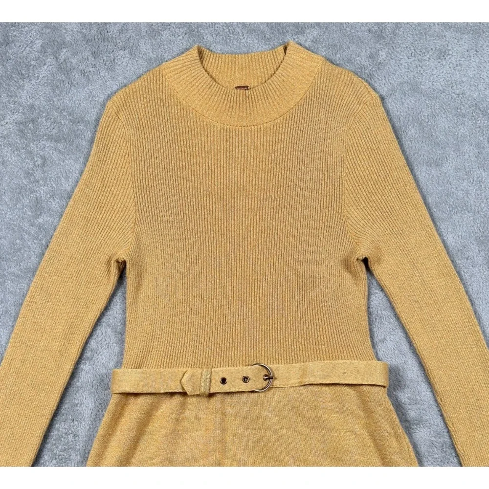Free People Gold Lurex Ribbed Knit Belted Mini Dress Small French Girl Mock Neck
